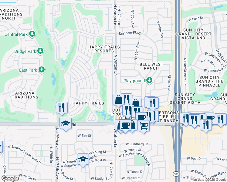 map of restaurants, bars, coffee shops, grocery stores, and more near 17344 North 170th Lane in Surprise