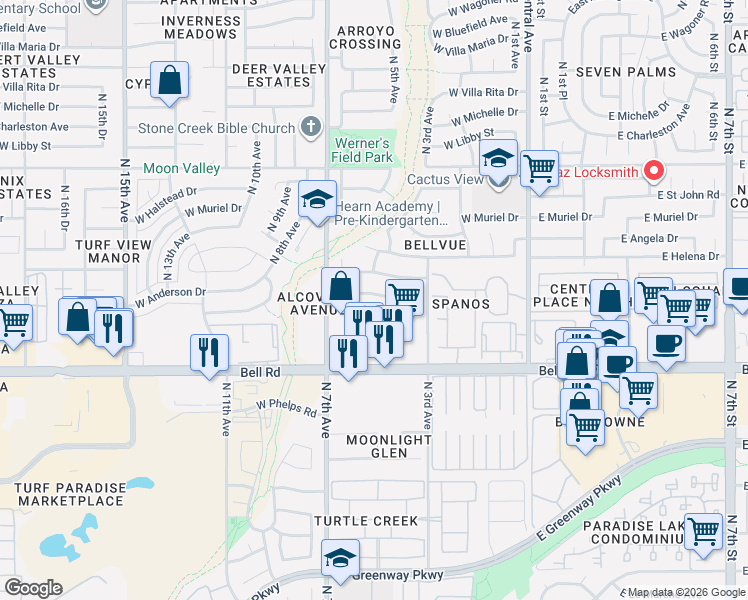 map of restaurants, bars, coffee shops, grocery stores, and more near 17037 North 7th Avenue in Phoenix