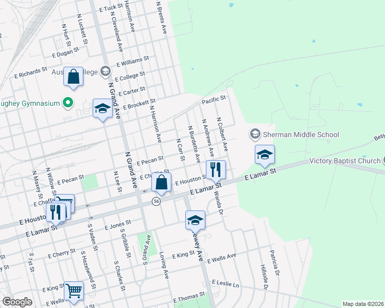 map of restaurants, bars, coffee shops, grocery stores, and more near 126 North Burdette Avenue in Sherman