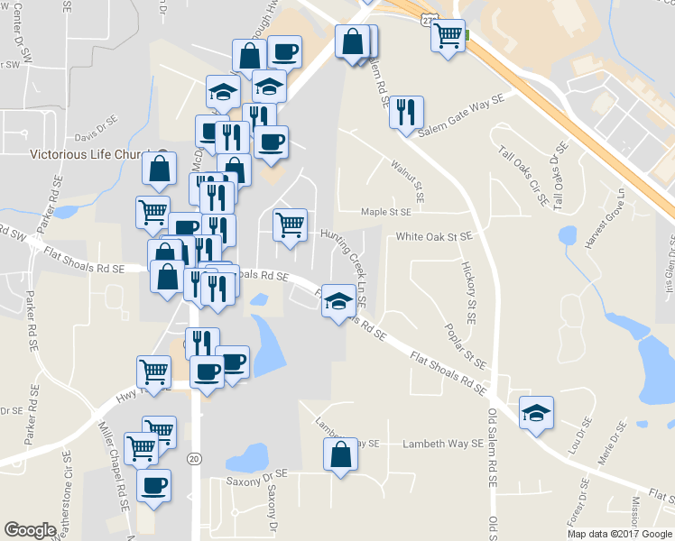 map of restaurants, bars, coffee shops, grocery stores, and more near 1779 Big Horn Court Southeast in Conyers