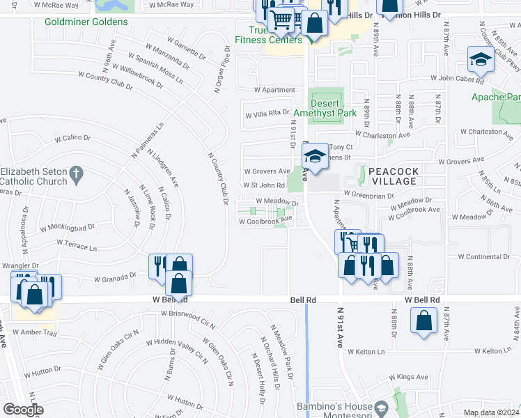 map of restaurants, bars, coffee shops, grocery stores, and more near 17466 North 92nd Avenue in Peoria