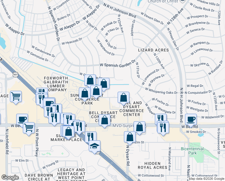 map of restaurants, bars, coffee shops, grocery stores, and more near 17164 North Dysart Road in Surprise