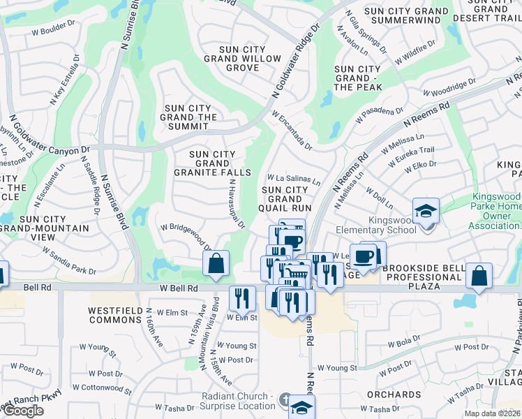 map of restaurants, bars, coffee shops, grocery stores, and more near 17362 North Stone Haven Drive in Surprise