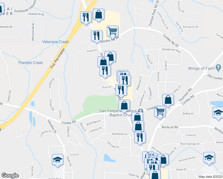 map of restaurants, bars, coffee shops, grocery stores, and more near 4095 Jonesboro Road in Forest Park