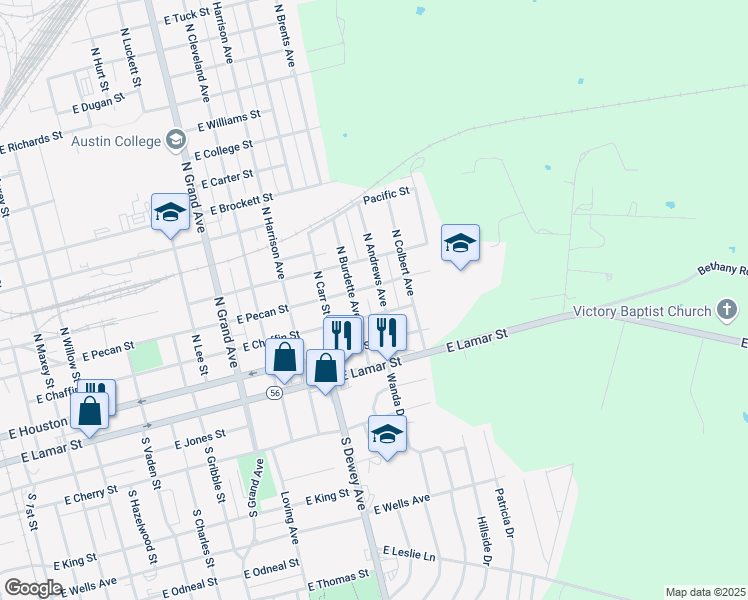 map of restaurants, bars, coffee shops, grocery stores, and more near 120 North Andrews Avenue in Sherman