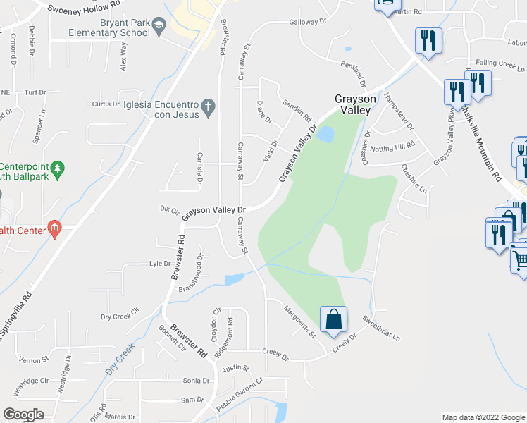 map of restaurants, bars, coffee shops, grocery stores, and more near 2121 Grayson Valley Drive in Birmingham