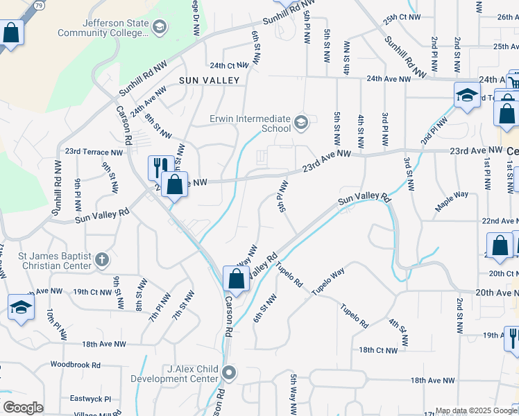 map of restaurants, bars, coffee shops, grocery stores, and more near 2217 5th Way Northwest in Center Point