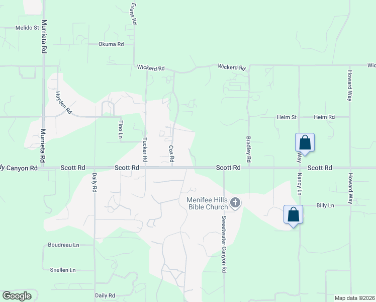 map of restaurants, bars, coffee shops, grocery stores, and more near 32820 Cox Road in Menifee