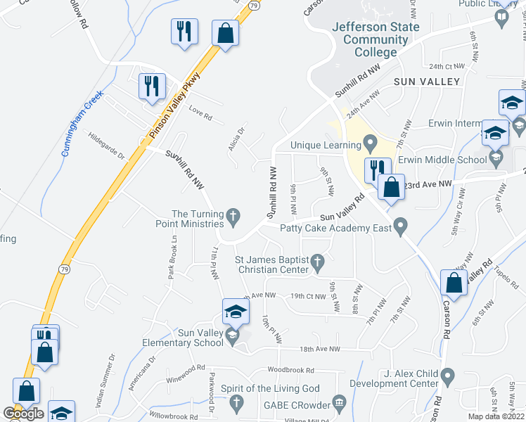 map of restaurants, bars, coffee shops, grocery stores, and more near 1090 Sunhill Road Northwest in Center Point