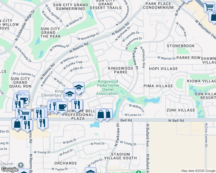 map of restaurants, bars, coffee shops, grocery stores, and more near West Mondell Road in Surprise