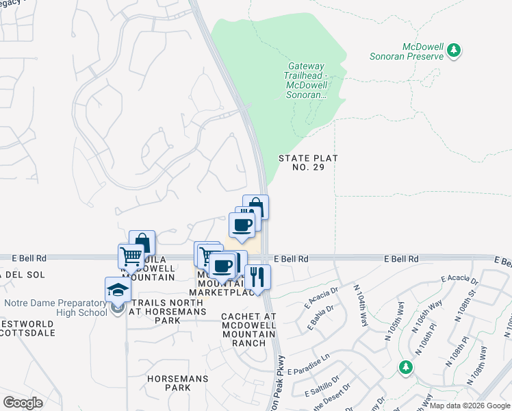 map of restaurants, bars, coffee shops, grocery stores, and more near 17425 North 101st Way in Scottsdale