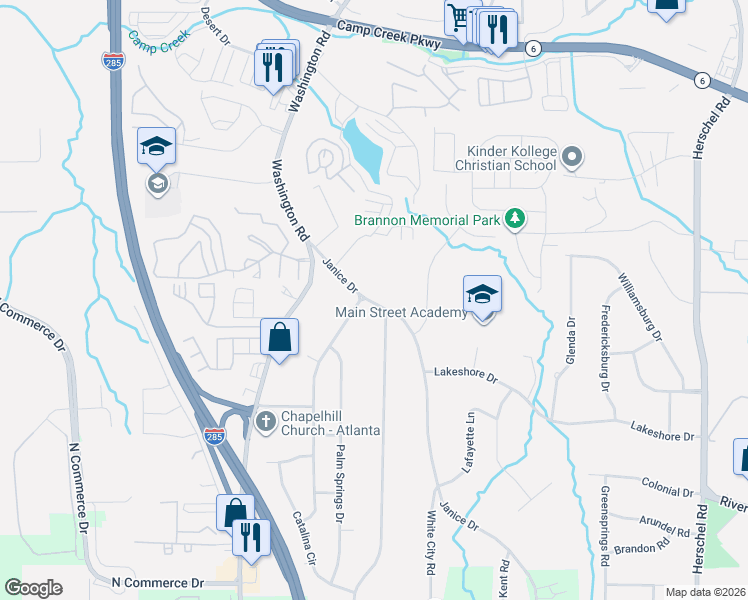 map of restaurants, bars, coffee shops, grocery stores, and more near 4144 Janice Drive in Atlanta