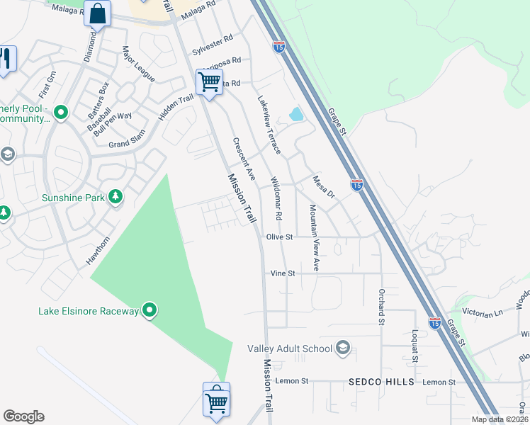 map of restaurants, bars, coffee shops, grocery stores, and more near 32901 Crescent Avenue in Lake Elsinore
