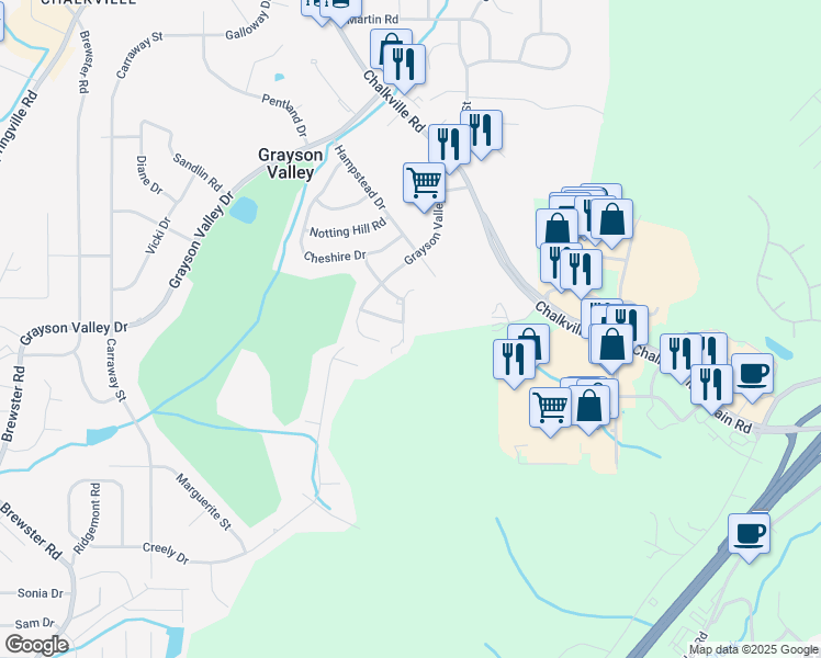map of restaurants, bars, coffee shops, grocery stores, and more near 4924 Cheshire Lane in Birmingham