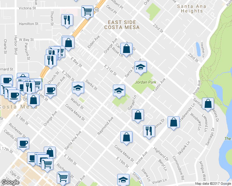 map of restaurants, bars, coffee shops, grocery stores, and more near 305 Robin Hood Lane in Costa Mesa