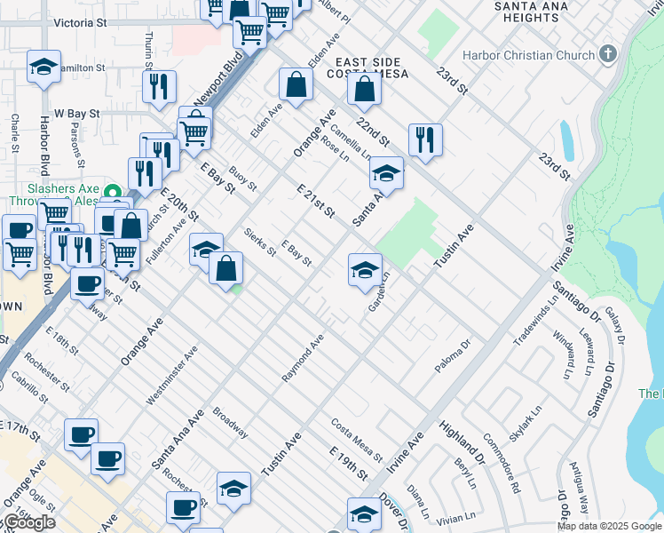map of restaurants, bars, coffee shops, grocery stores, and more near 305 Robin Hood Lane in Costa Mesa