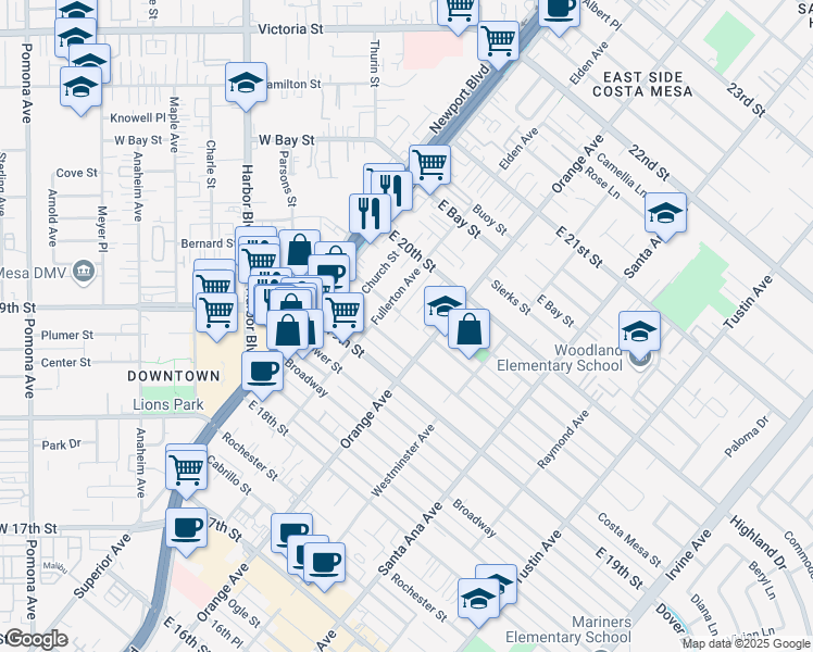 map of restaurants, bars, coffee shops, grocery stores, and more near 169 Walnut Street in Costa Mesa