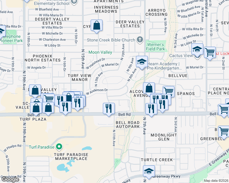 map of restaurants, bars, coffee shops, grocery stores, and more near 1021 West Campo Bello Drive in Phoenix