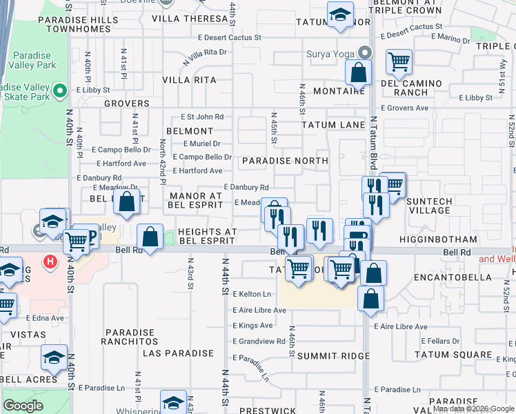 map of restaurants, bars, coffee shops, grocery stores, and more near 4455 East Danbury Road in Phoenix