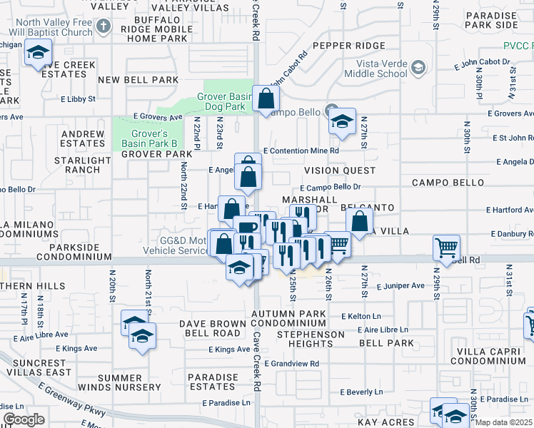 map of restaurants, bars, coffee shops, grocery stores, and more near 17365 Cave Creek Road in Phoenix