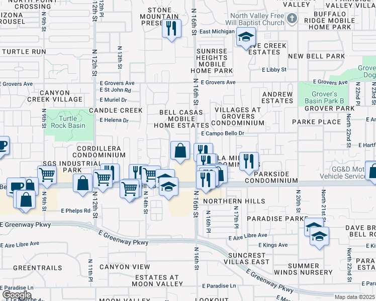 map of restaurants, bars, coffee shops, grocery stores, and more near 17237 North 15th Place in Phoenix