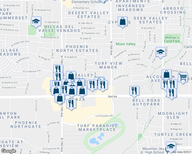 map of restaurants, bars, coffee shops, grocery stores, and more near 17248 North 16th Avenue in Phoenix