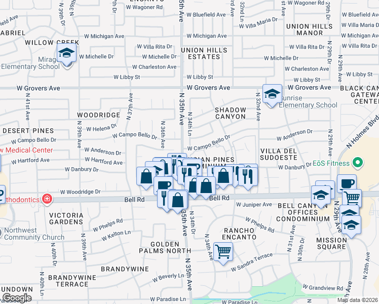 map of restaurants, bars, coffee shops, grocery stores, and more near 17412 North 34th Lane in Phoenix