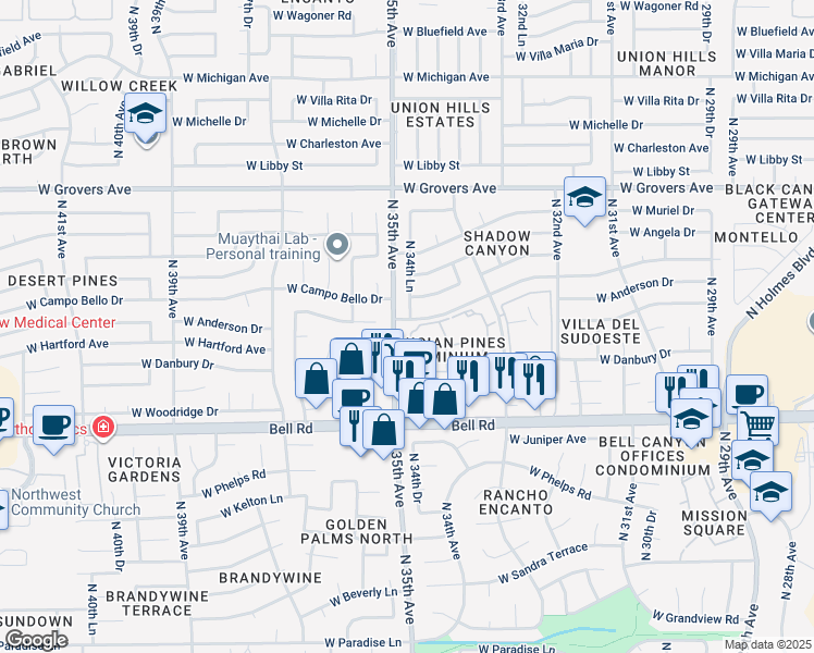 map of restaurants, bars, coffee shops, grocery stores, and more near 17412 North 34th Lane in Phoenix