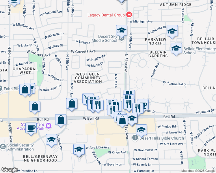 map of restaurants, bars, coffee shops, grocery stores, and more near 5253 West Village Drive in Glendale