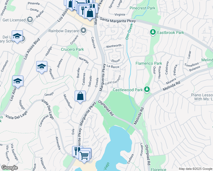 map of restaurants, bars, coffee shops, grocery stores, and more near 27936 Highgate in Mission Viejo