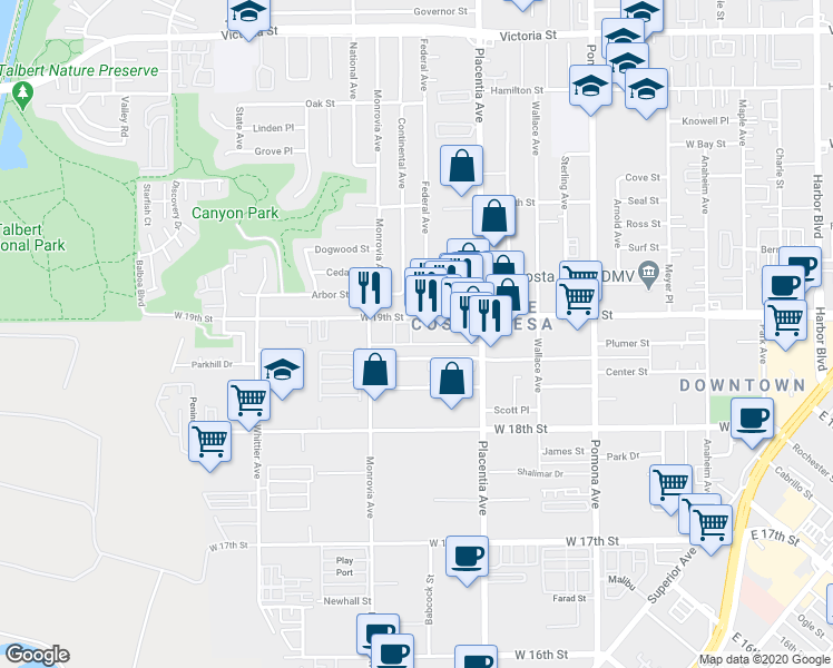 map of restaurants, bars, coffee shops, grocery stores, and more near 854 West 19th Street in Costa Mesa