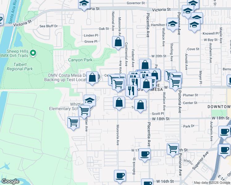 map of restaurants, bars, coffee shops, grocery stores, and more near 1887 Monrovia Avenue in Costa Mesa