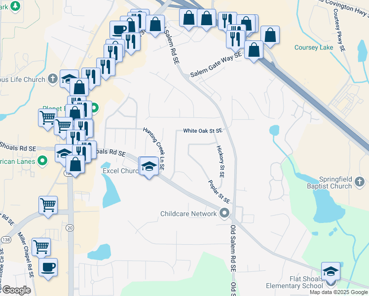 map of restaurants, bars, coffee shops, grocery stores, and more near 1793 Poplar Street Southeast in Conyers