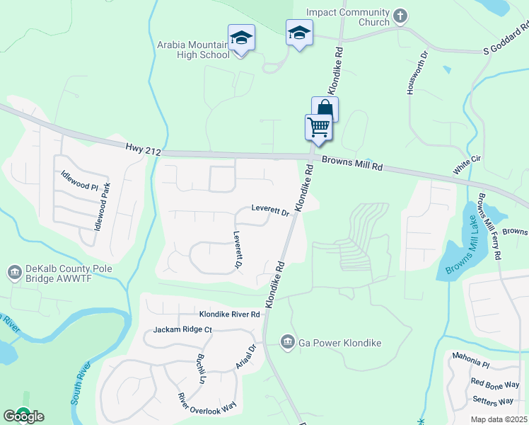 map of restaurants, bars, coffee shops, grocery stores, and more near 6388 Leverett Drive in Stonecrest