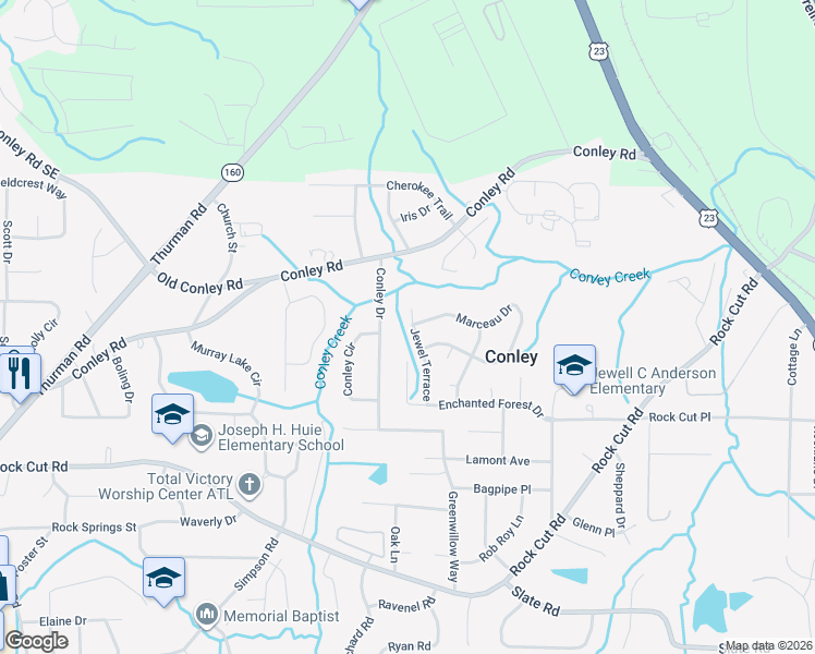 map of restaurants, bars, coffee shops, grocery stores, and more near 4072 Conley Drive in Conley