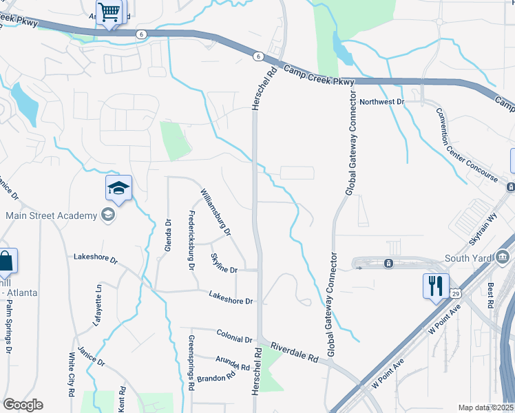 map of restaurants, bars, coffee shops, grocery stores, and more near 4116 Herschel Road in College Park