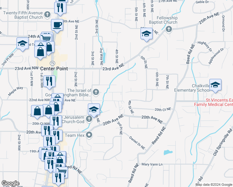 map of restaurants, bars, coffee shops, grocery stores, and more near 359 22nd Court Northeast in Center Point
