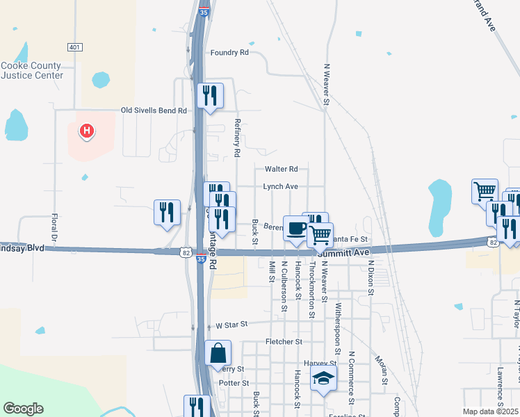 map of restaurants, bars, coffee shops, grocery stores, and more near 1816 Buck Street in Gainesville