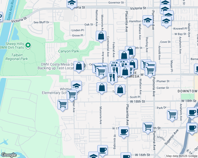 map of restaurants, bars, coffee shops, grocery stores, and more near 1887 Monrovia Avenue in Costa Mesa