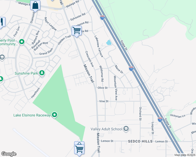 map of restaurants, bars, coffee shops, grocery stores, and more near 32901 Crescent Avenue in Lake Elsinore