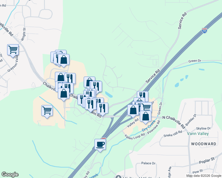 map of restaurants, bars, coffee shops, grocery stores, and more near 6415 Misty Ridge Drive in Birmingham