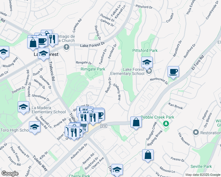 map of restaurants, bars, coffee shops, grocery stores, and more near 25885 Astor Way in Lake Forest