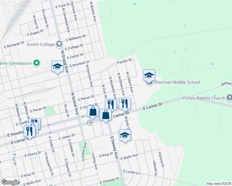 map of restaurants, bars, coffee shops, grocery stores, and more near 307 North Burdette Avenue in Sherman