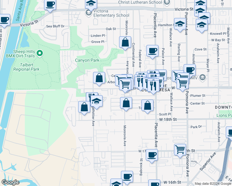 map of restaurants, bars, coffee shops, grocery stores, and more near 931 West 19th Street in Costa Mesa