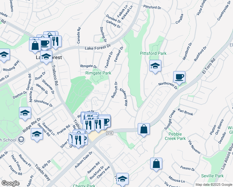 map of restaurants, bars, coffee shops, grocery stores, and more near 25885 Astor Way in Lake Forest