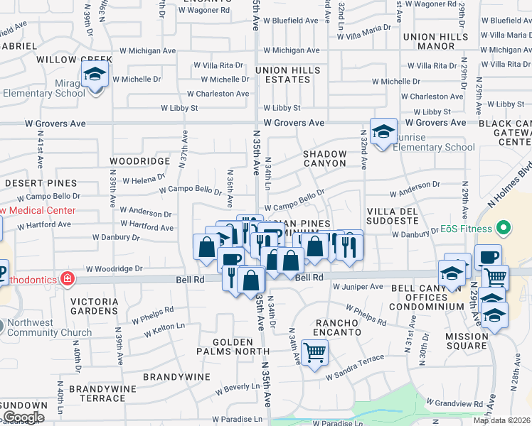 map of restaurants, bars, coffee shops, grocery stores, and more near 17412 North 34th Lane in Phoenix