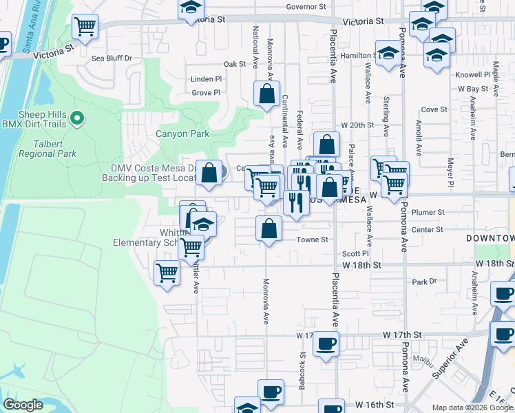 map of restaurants, bars, coffee shops, grocery stores, and more near 1887 Monrovia Avenue in Costa Mesa