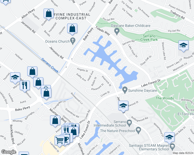 map of restaurants, bars, coffee shops, grocery stores, and more near 24301 Cardinal Place in Lake Forest