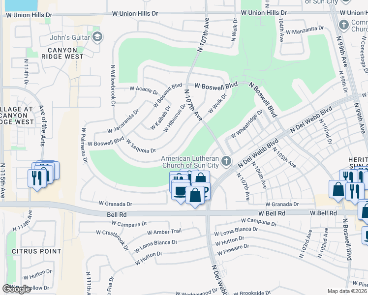 map of restaurants, bars, coffee shops, grocery stores, and more near 10729 West Welk Drive in Sun City