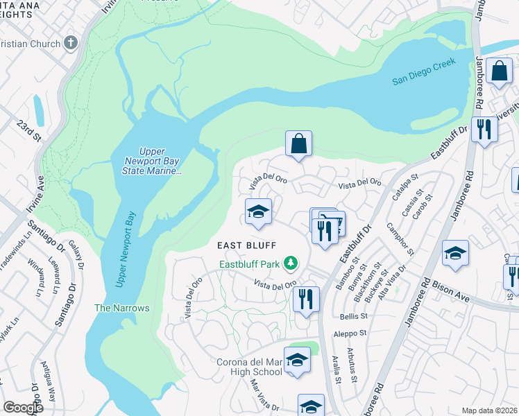 map of restaurants, bars, coffee shops, grocery stores, and more near 2638 Vista Del Oro in Newport Beach